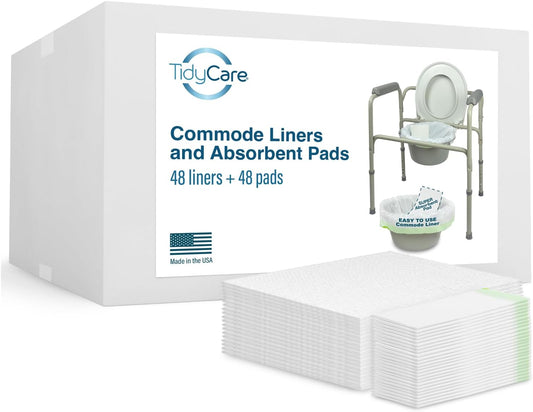 Disposable Bedside Commode Liners and Pads for Portable Toilet Chair Seat Bucket and Bedpan | Combo Pack of 48 Waste Bags and 48 Absorbent Pads | Universal Fit