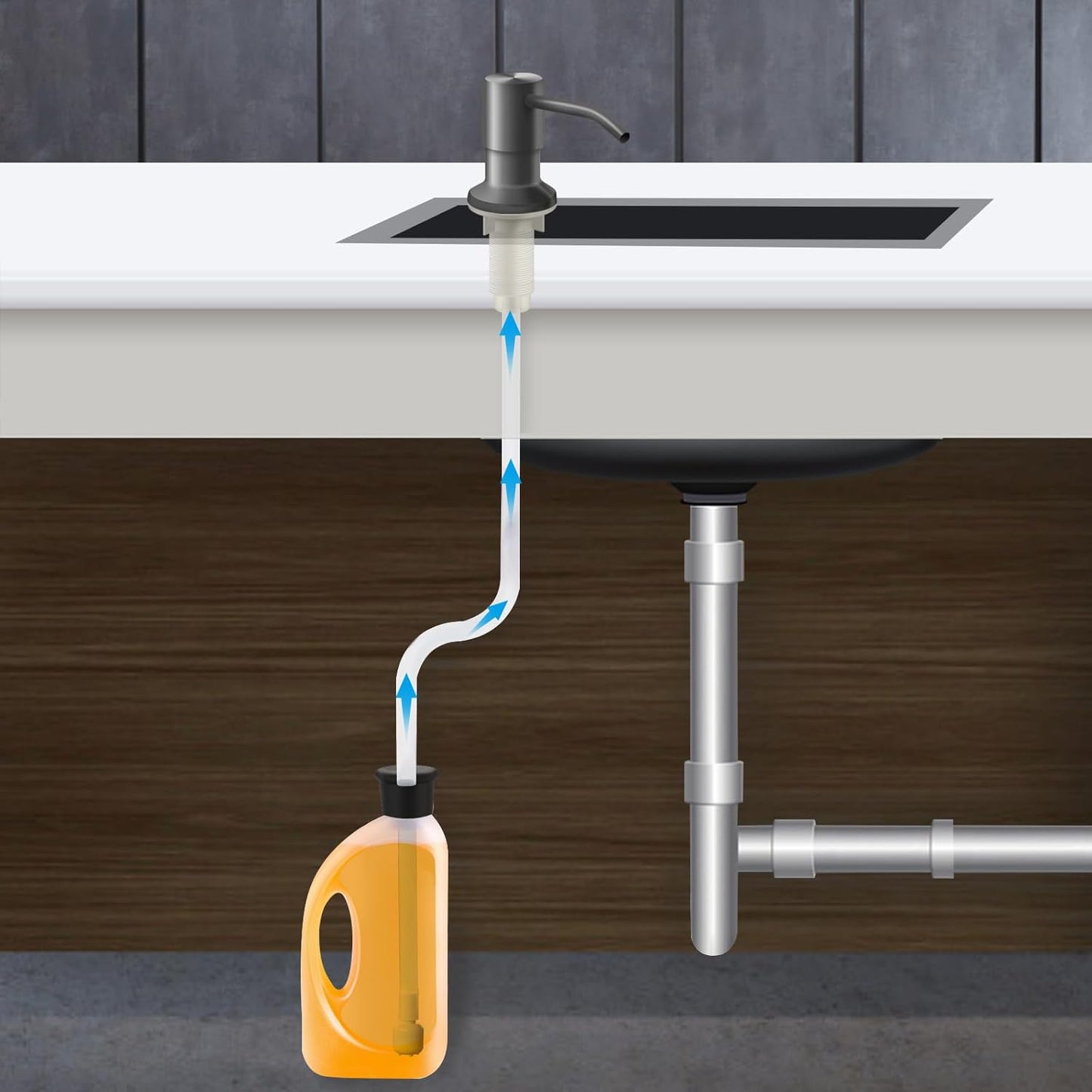 Soap Dispenser for Kitchen Sink and Extension Tube Kit, Stainless Steel Countertop SoapDispenser with 47 Inches Tube Connects Directly to Soap Bottle, Hand and Dish Soap Dispenser Pump （Gray）