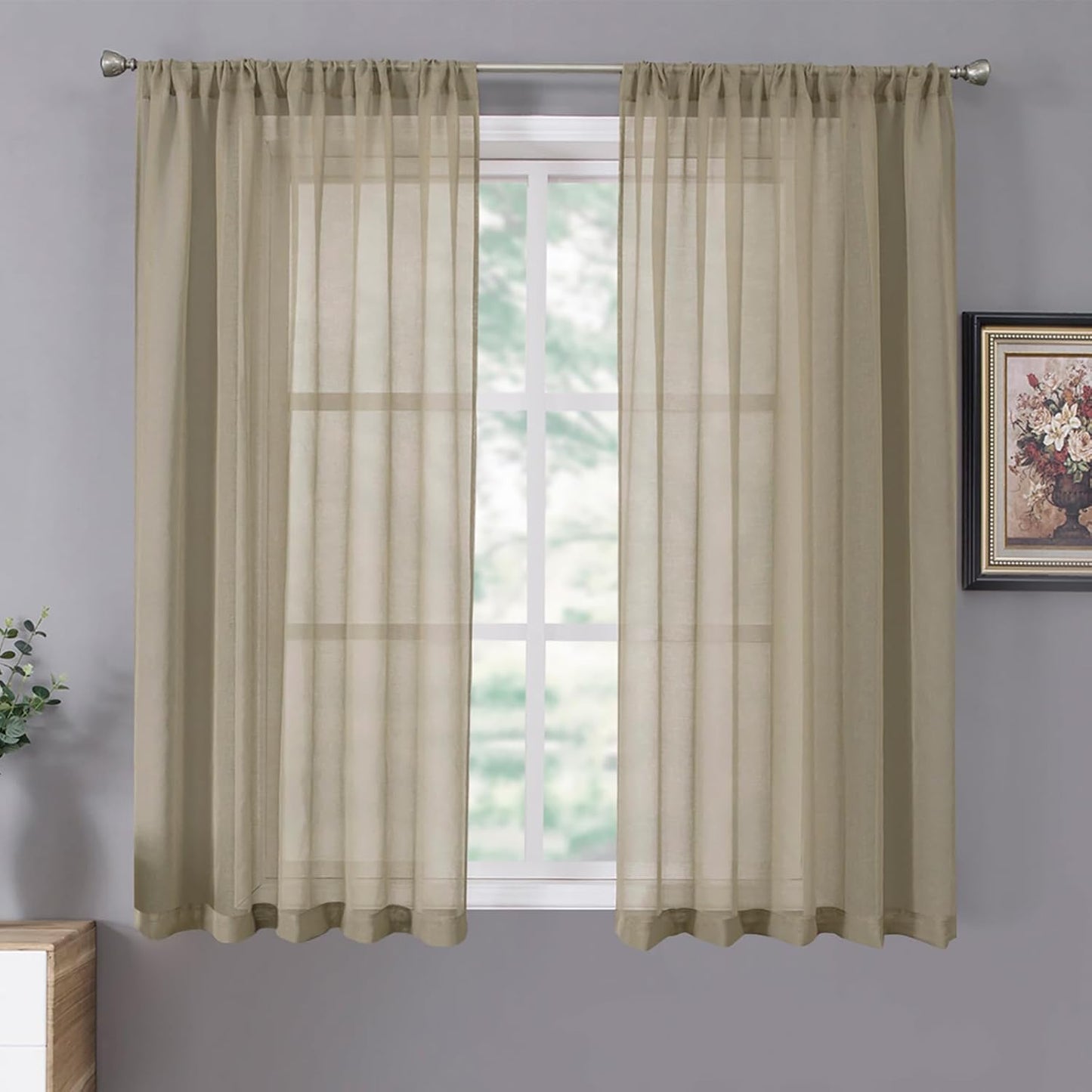 Tollpiz Short Sheer Curtains Living Room Linen Textured Curtain Sheers Light Filtering Voile Rod Pocket Curtains for Bedroom, 38 x 45 inches Long, Taos Taupe, Set of 2 Panels