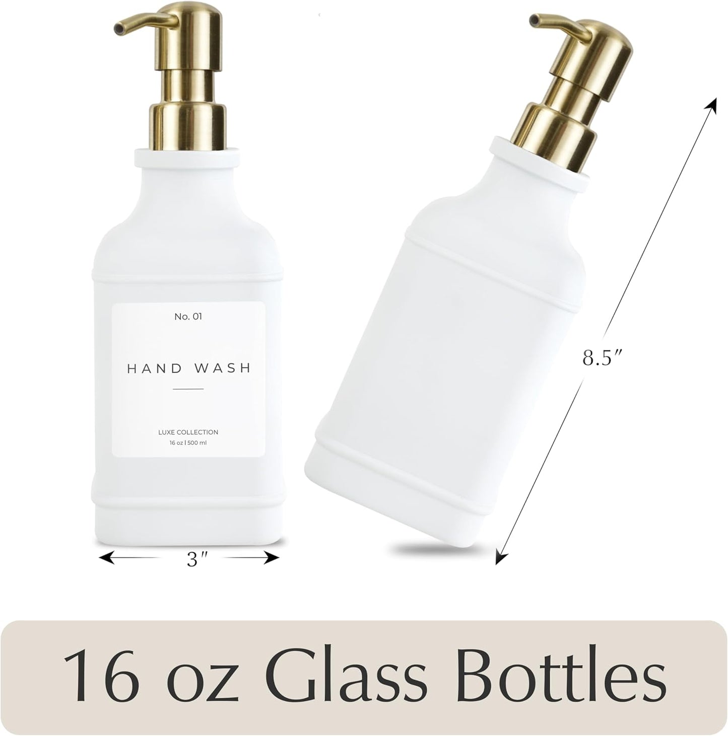 Emerson Essentials Soap Dispenser, Dish Soap Dispenser, Soap Dispenser Bathroom Set, Hand Soap, Kitchen Soap Dispenser Set, Glass Soap Dispenser with Pump and Labels | 16 Oz, 2-Pack