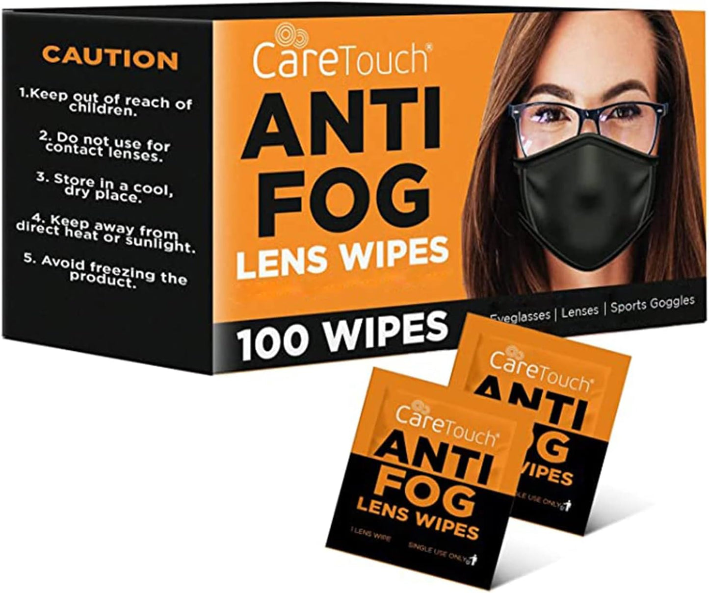 Care Touch Anti-Fog Wipes for Glasses - 100 Individually Wrapped Lenses Wipes