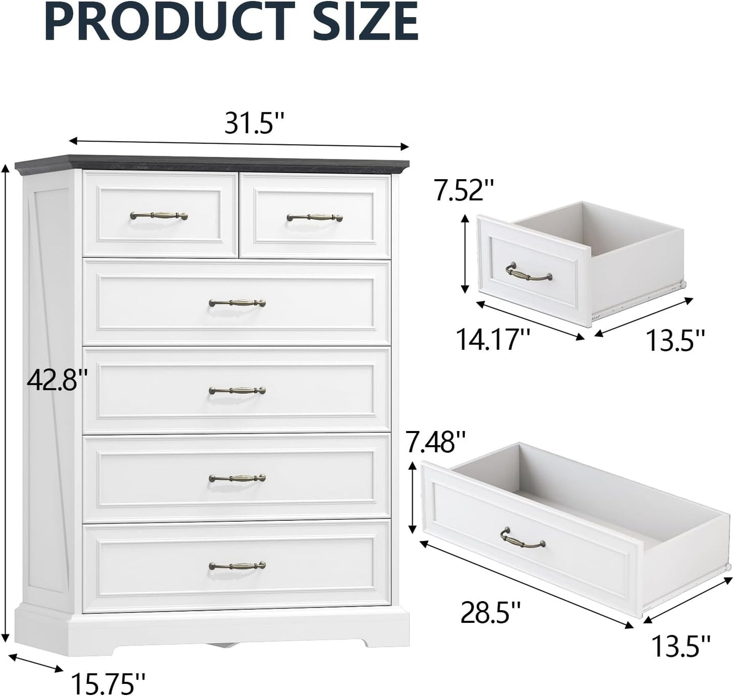 6 Drawer Dresser for Bedroom, 43" Tall Wooden Chest of Drawers, Rustic Farmhouse Dresser with Large Drawers & Metal Handles, Modern Storage Organizer for Closet, Living Room, Hallway, White