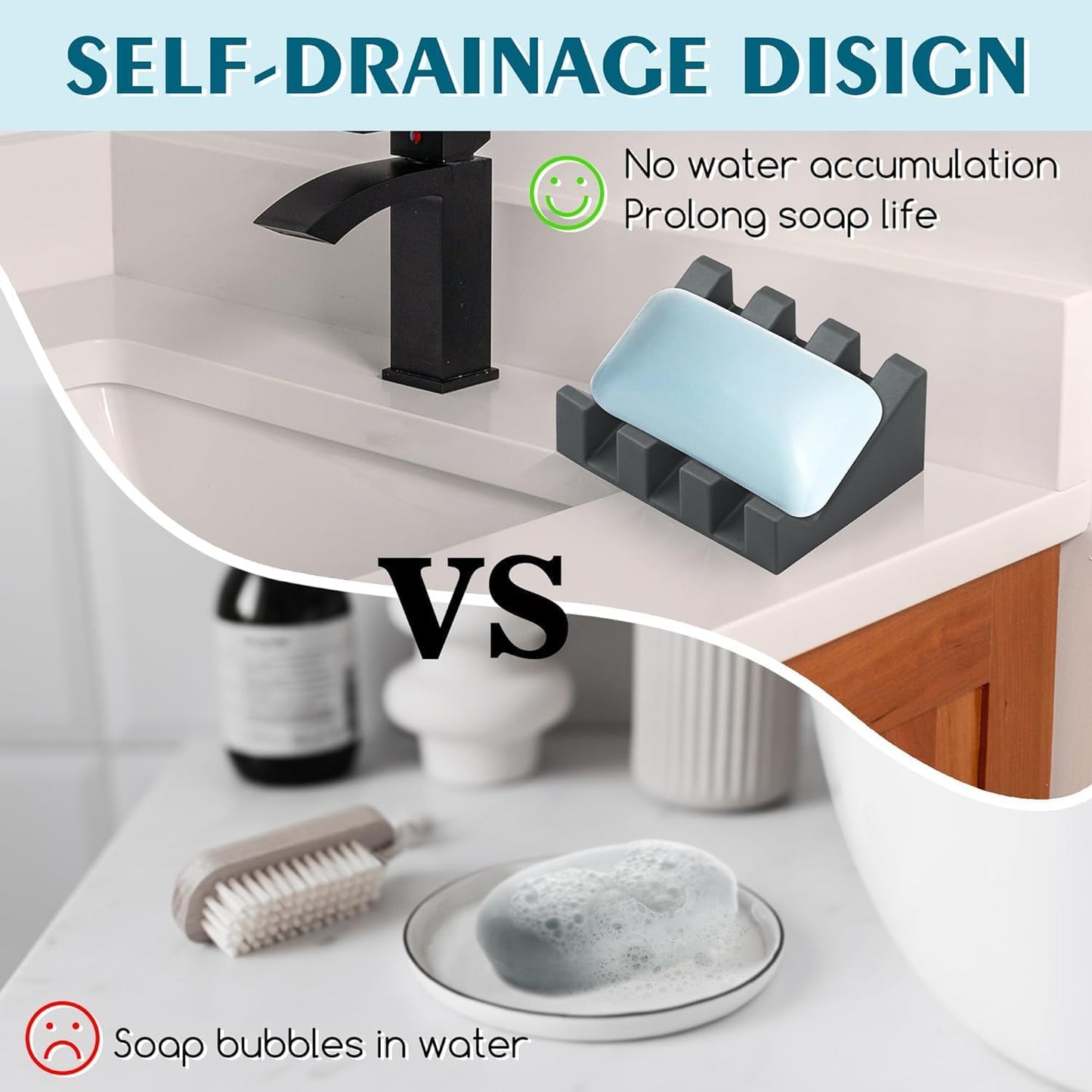 Silicone Soap Dish for Bar Soap Holder for Shower Bathroom Self Draining Waterfall Drying Tray Keep Soap Bars Dry Clean & Easy Cleaning (Gray, 1)