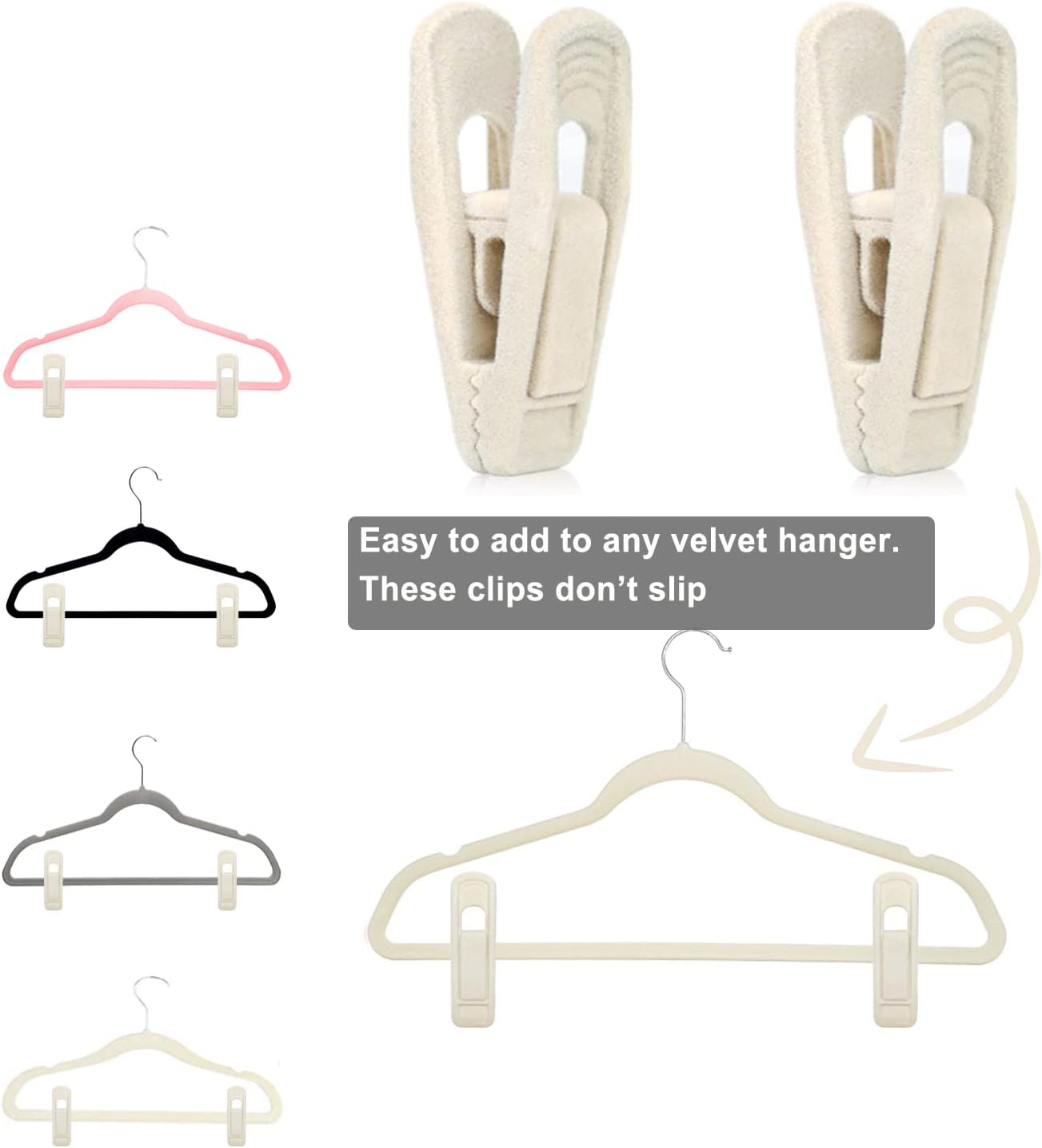 Velvet Hanger Clips for Velvet Hangers - 20 PCS Beige Non-Slip Velvet Clip for Skirt Hanger, Strong Flocking Clips Fit for Ivory Velvet Hangers
