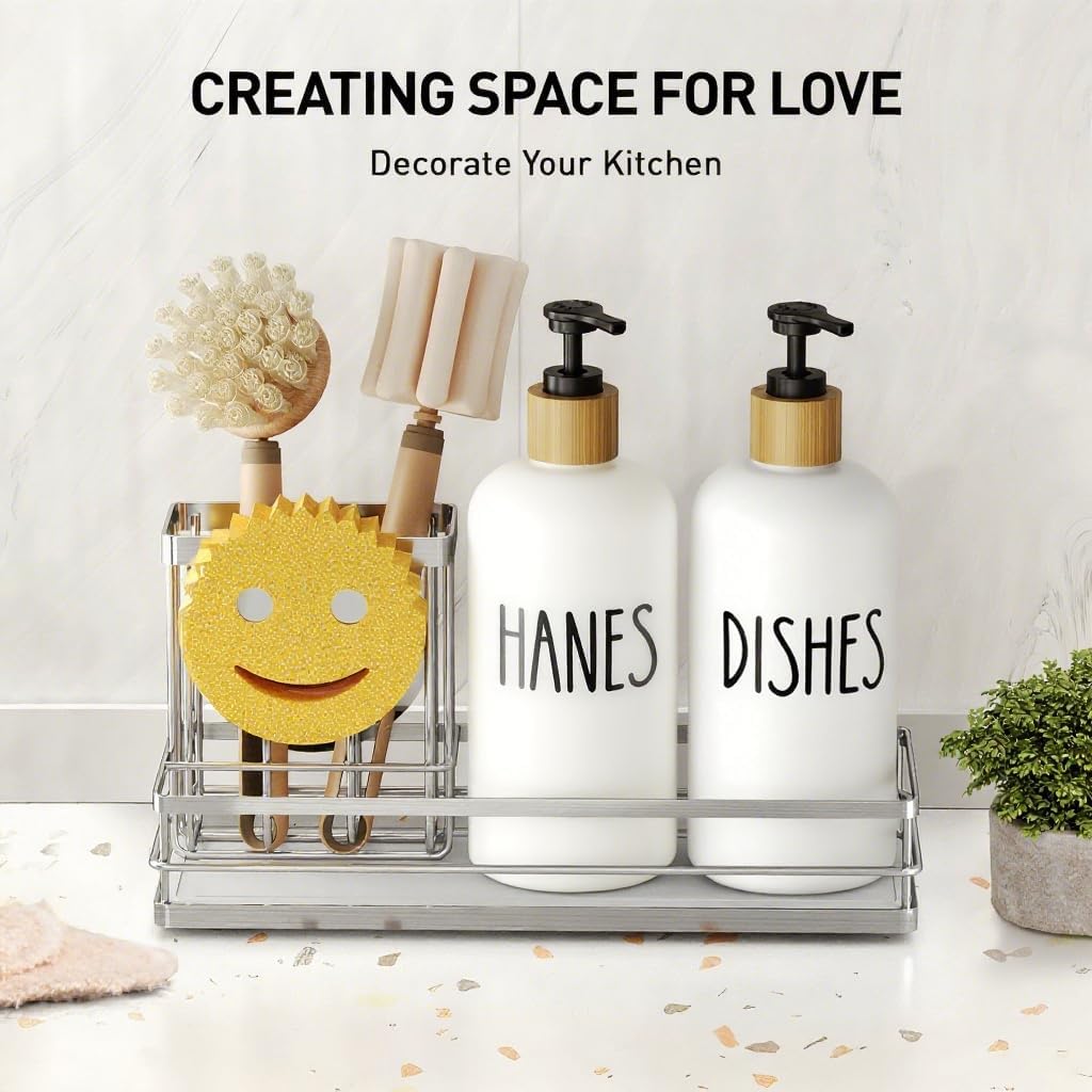 Moforoco Kitchen Dish Soap Dispenser Set, 16OZ Glass Bottle, Hand and Dish Soap Dispenser Set, Instant Dry Tray, Non-Slip Silicone Pad, Brush Holder with Sponge Holder, Kitchen Decor（White Bottle）