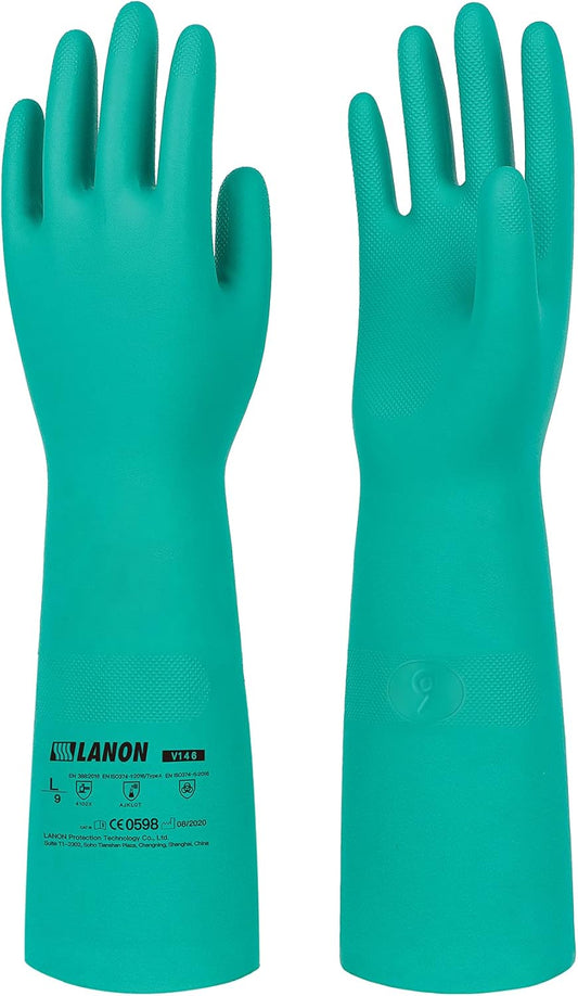 LANON Nitrile Chemical Resistant Gloves, Reusable Heavy Duty Safety Work Gloves, Acid, Alkali and