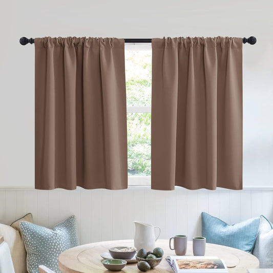 RYB HOME Short Curtains for Small Window, Energy Efficient Window Curtain Panels Room Darkening Shade Tiers Pair for Kitchen Nursery Kids Bedroom, 42 inch Width x 30 inch Length, Mocha, 2 Pcs