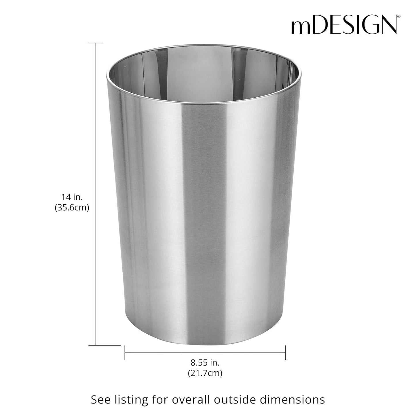 mDesign Stainless Steel Round Metal Trash Can, Small 4 Gallon Wastebasket, Garbage Basket Bin for Bathroom, Bedroom, Kitchen, or Home Office, Holds Waste and Recycle, Mirri Collection, Brushed