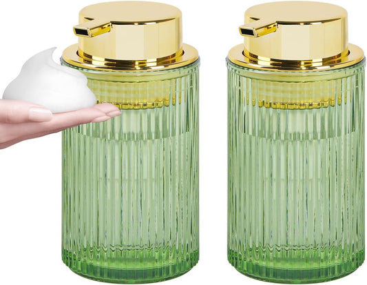 Green Foaming Soap Dispenser, 12 Oz Glass Foaming Hand Soap Dispenser with Gold Pump, Bathroom Refillable Liquid Lotion Container Pump Ribbed Bottle for Kitchen Bathroom Decor, 2pc