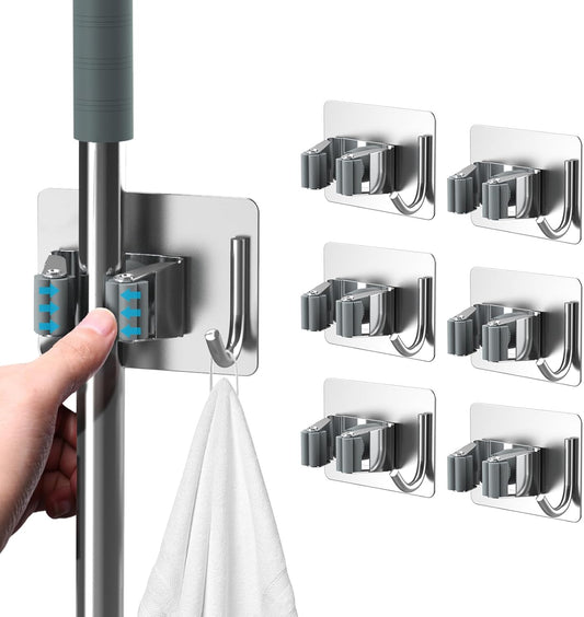 Mop Broom Holder No Drill, Mop Broom Organizer Wall Mounted Heavy Duty with Hooks Hanger, Self Adhesive Stainless Steel 6Pcs for Bathroom, Kitchen, Office (Silver)