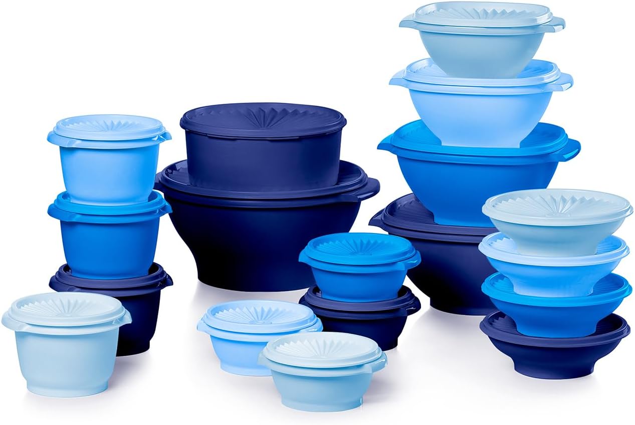 Tupperware Heritage Collection, New 36 Piece Food Storage Container Set in Vintage Blue, Dishwasher Safe and BPA Free (18 containers, 18 lids)