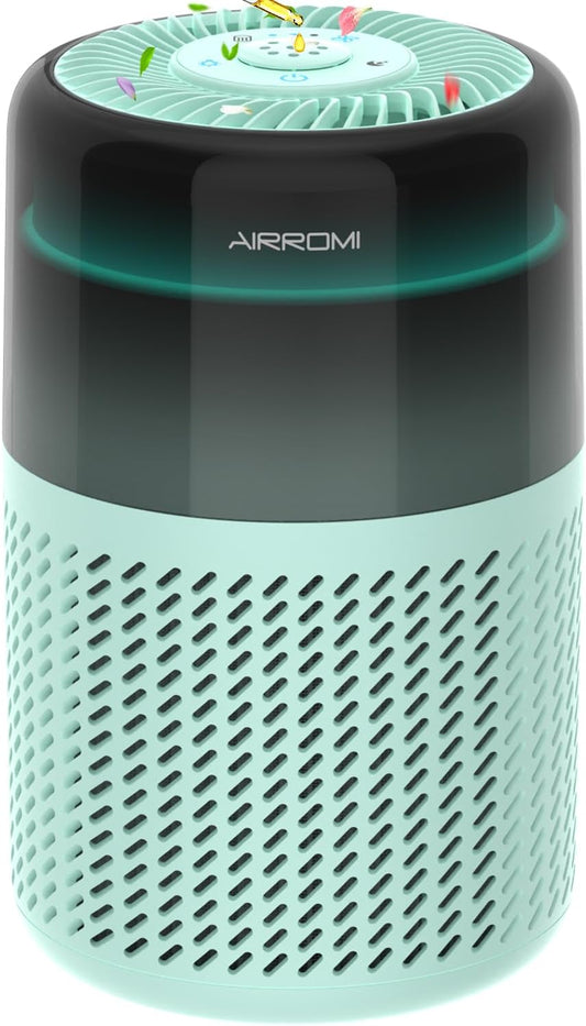 AIRROMI Air Purifier for Bedroom Home,HEPA Filter,Covers Upto 549 Ft²,Quiet 360°intake Air Cleaner with Fragrance ponge for Better Sleep,Night Light,Filters Smoke,Pet Dander,Allergies,Dust,A2005Turquo