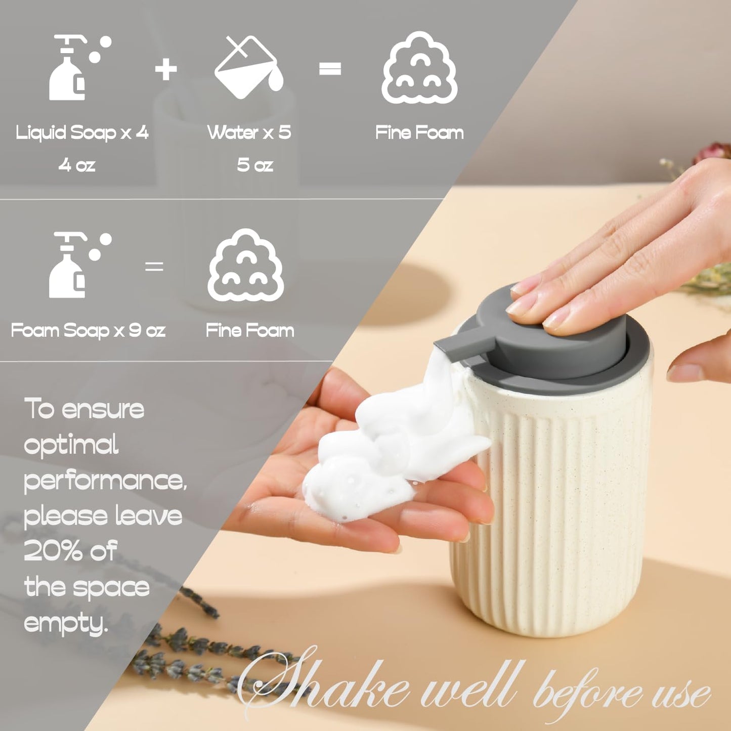 Beige Ceramic Foaming Soap Dispenser 2 Pack, Speckled Rippled 12 oz Bottle with Gray Silicone Pump, Foam Dispenser for Kitchen or Bathroom, Speckled Beige