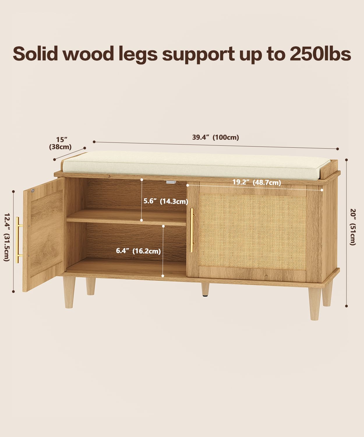 Akxomel 39.4" Rattan Shoe Storage Bench 2 Doors Wooden Entryway Bench Oak
