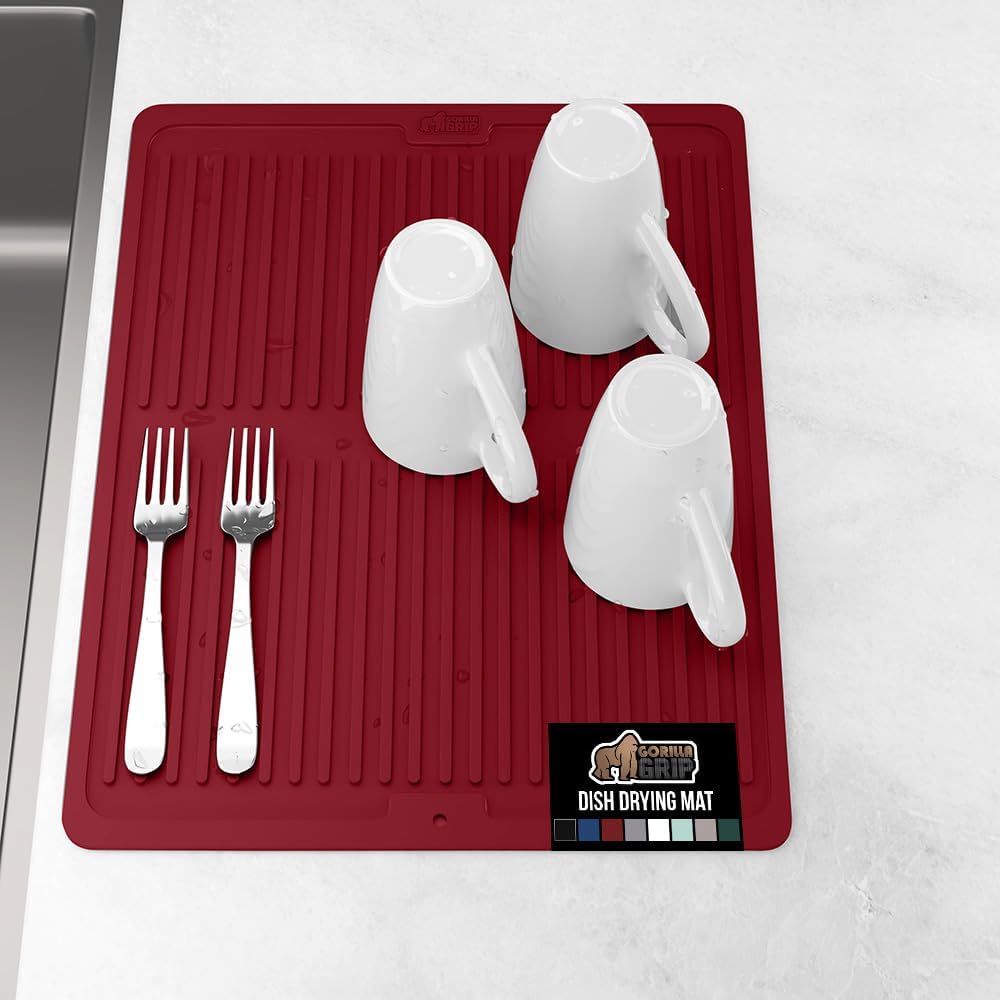 GORILLA GRIP 100% BPA-Free Patented Silicone Dish Drying Mat for Kitchen Counter, Water Catching Ribbed Design, Easy Clean Waterproof Sink Liner, Heat Resistant, Fits Under Rack, 16x12 Inch, Red
