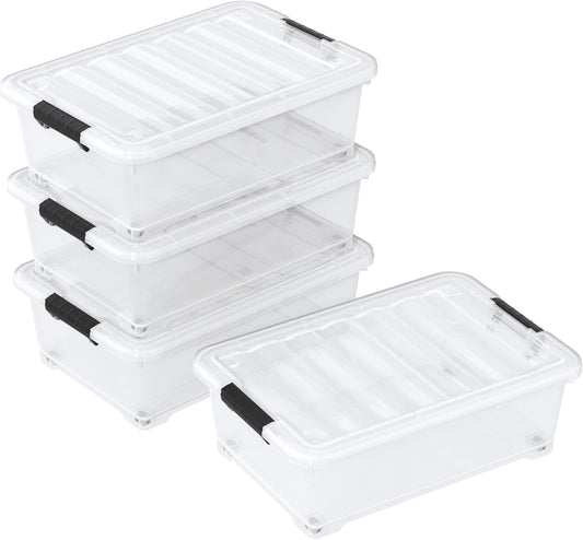 20 Quart Clear Plastic Under Bed Storage Bin, 4-Pack Plastic Storage Box with Wheels Under the Bed