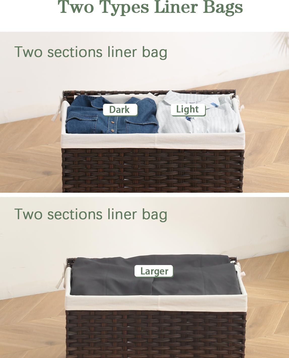 Storage Basket with Lid Rattan Storage Basket with 2 Separate Lid, 27.8 Gallon (105 L) 25.2 * 15.4 * 16.1 Inches Woven Wicker Baskets with 2 Liners and Handles for Bedroom Laundry-Brown