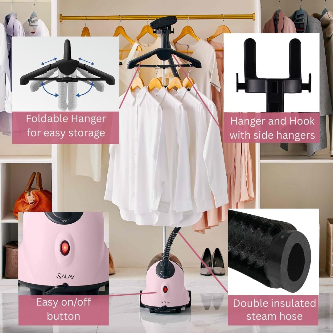 SALAV GS18-DJ Standing Garment Steamer with Roll Wheels for Easy Movement, 1.8L Water Tank for 1 Hour Continuous Steaming, Adjustable Pole for Storage, Includes Descaler Packet, 1500 watts - Pink