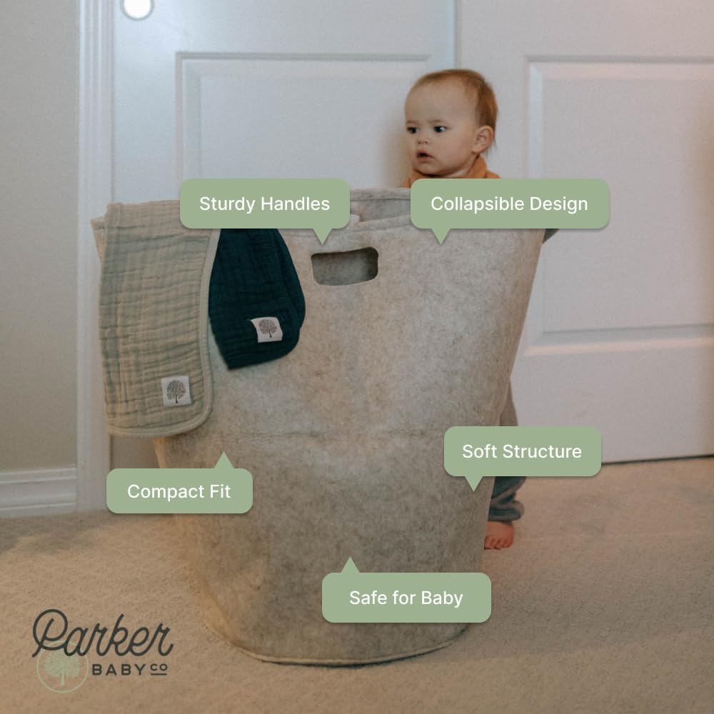 Parker Baby Nursery Laundry Hamper - Large Felt Storage Basket and Baby Hamper for Nursery (Gray)