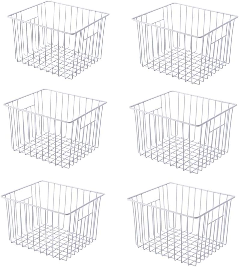 Slideep 11'' Farmhouse Freezer Food Storage Organizer Baskets Modern Refrigerator Metal Wire Basket Bin with Built-in Handles for Kitchen, Pantry, Bathroom, Cabinets, White -Set of 6