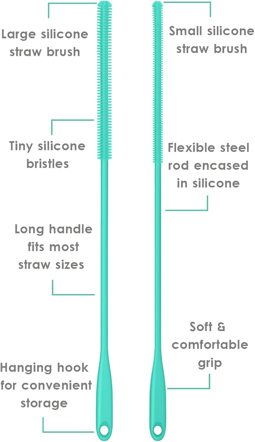 Silicone Straw Brush 4 Pack - (2 Small, 2 Wide) - 10 Inches Reusable Straw Cleaner, Pipe Cleaners, Straw Cleaning Tool for Drinking Straws, Pipes, Tubes, Glass and Detailing (Teal)