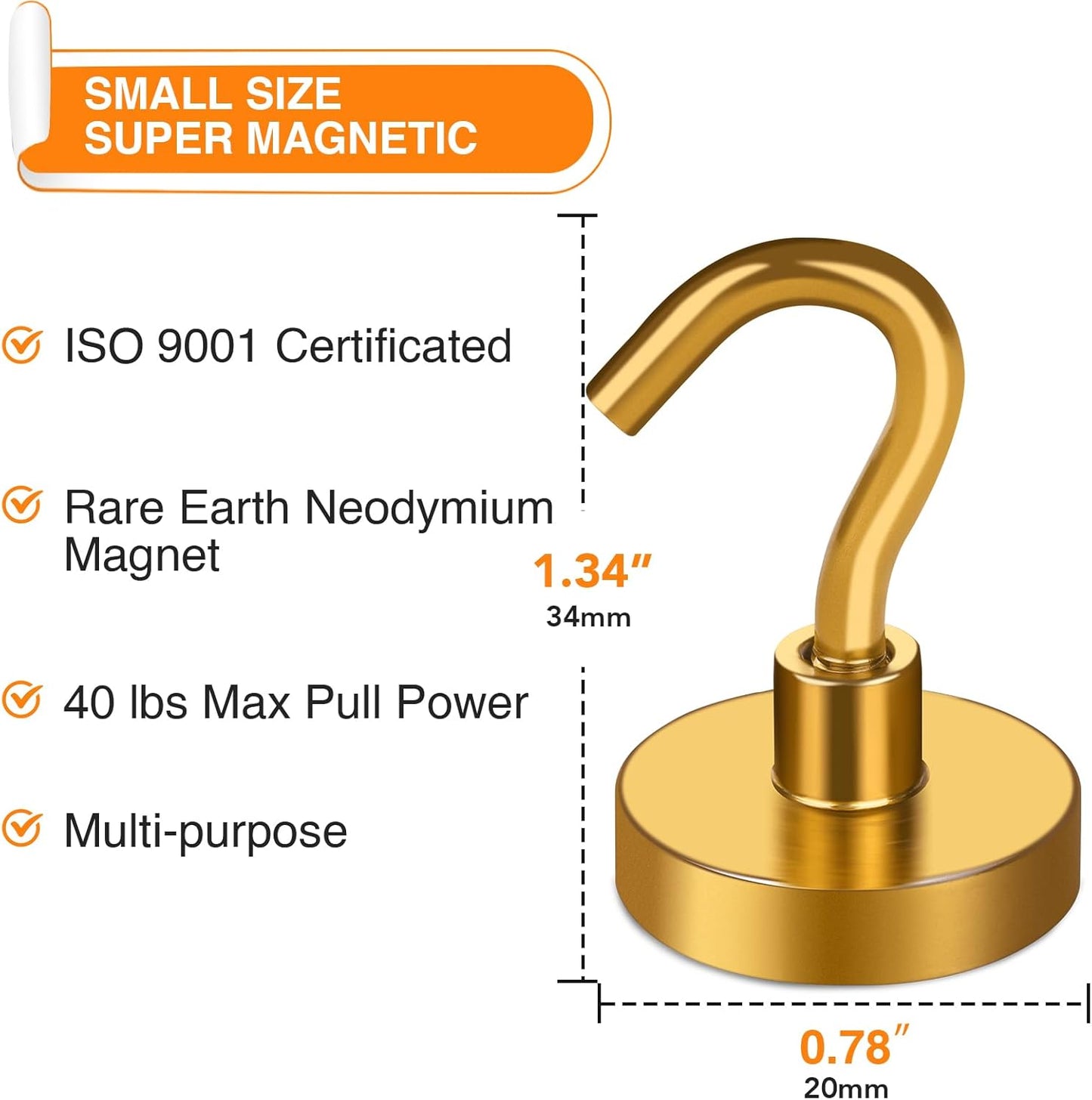 MIKEDE Magnetic Hooks Heavy Duty, 40 Lbs Magnet with Hooks for Cruise Cabins, Strong Magnets Neodymium for Hanging, Magnetic Wall Hooks for Refrigerator, Locker, Workplace(Yellow, 10 Pack)