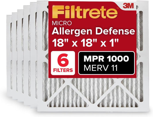 Filtrete 18x18x1 AC Furnace Air Filter, MERV 11, MPR 1000, Micro Allergen Defense, 3-Month Pleated