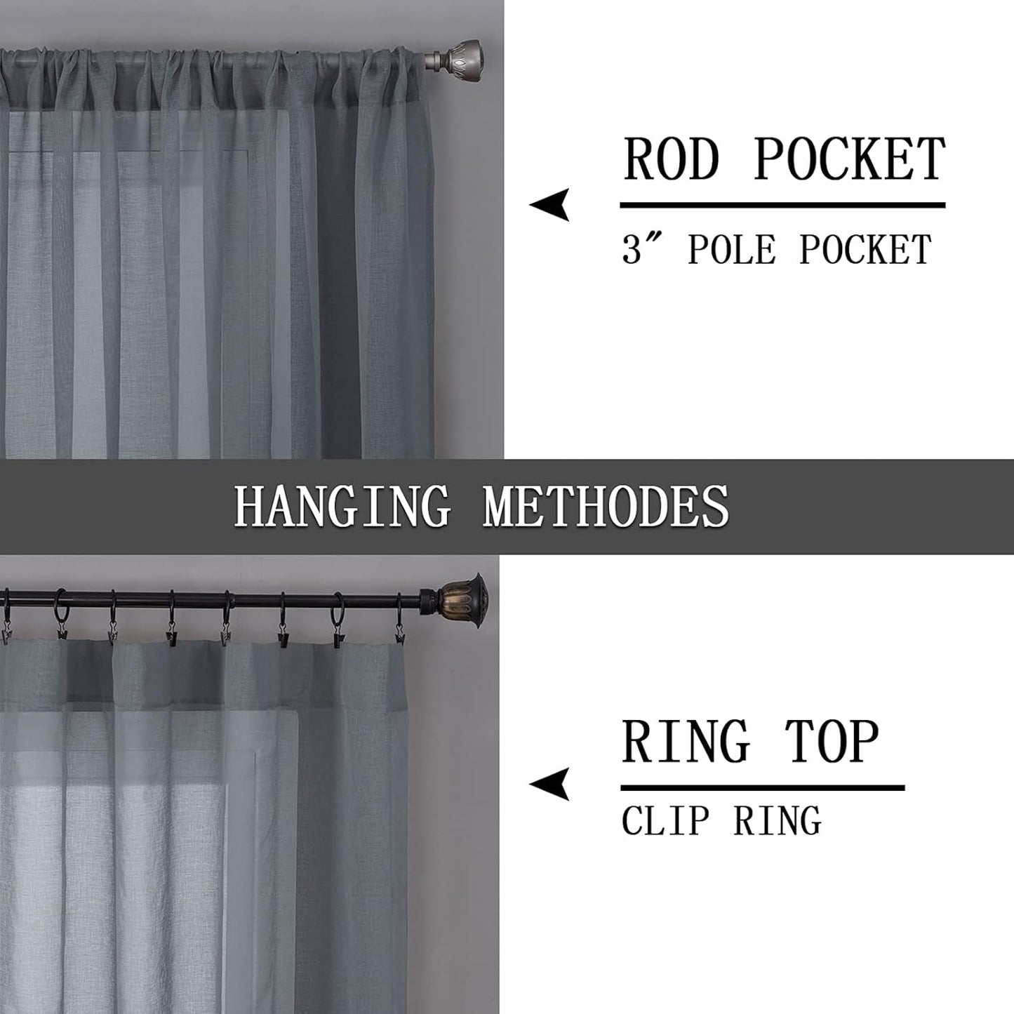 Tollpiz Sheer Curtain Linen Textured Living Room Curtains Sheer Light Filtering Rod Pocket Voile Curtain for Bedroom, 54 x 72 inches Long, Dark Grey, Set of 2 Panels