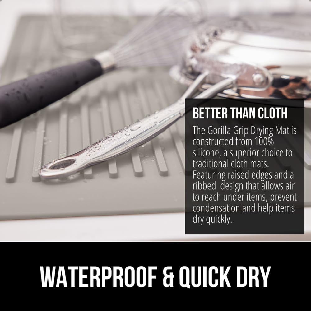 GORILLA GRIP 100% BPA-Free Patented Silicone Dish Drying Mat for Kitchen Counter, 18x24 Inch, Water Catching Ribbed Design, Easy Clean Waterproof Sink Liner, Heat Resistant, Fits Under Rack, Almond