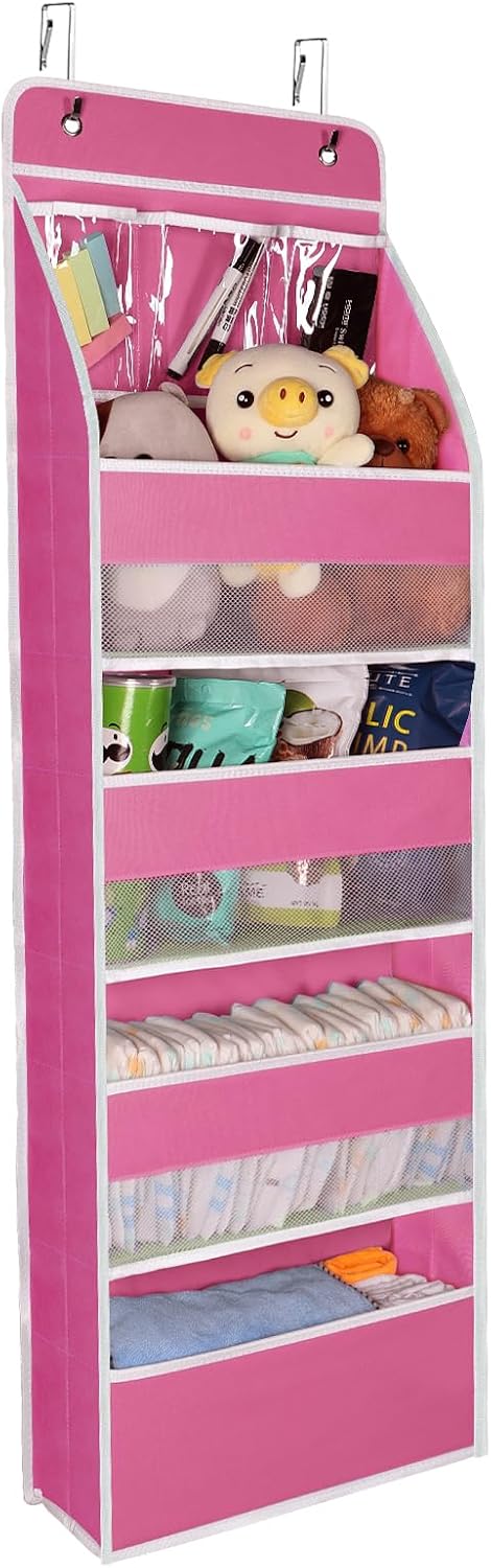 Univivi 5-Shelf Fabric Door Storage Over Door Hanging Organizer with 4 Large Pockets and 3 Small PVC Pockets Nursery Closet Cabinet Wall Mount Hanging Storage Organizers for Baby Nursery (Pink)