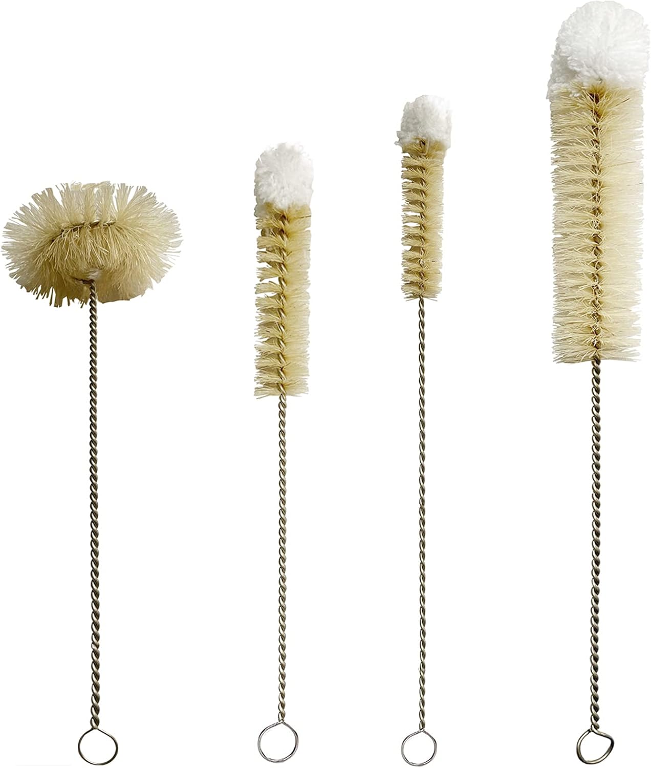 Coralpearl Bottle Brushes Thin Long Handle X 4, Skinny Wire Cleaner Set in Stainless Steel with Natural Boar Bristle at Wool Tip, Bendable Flexible for Cleaning Narrow Neck Bottles, Pipe, Tube, Hose