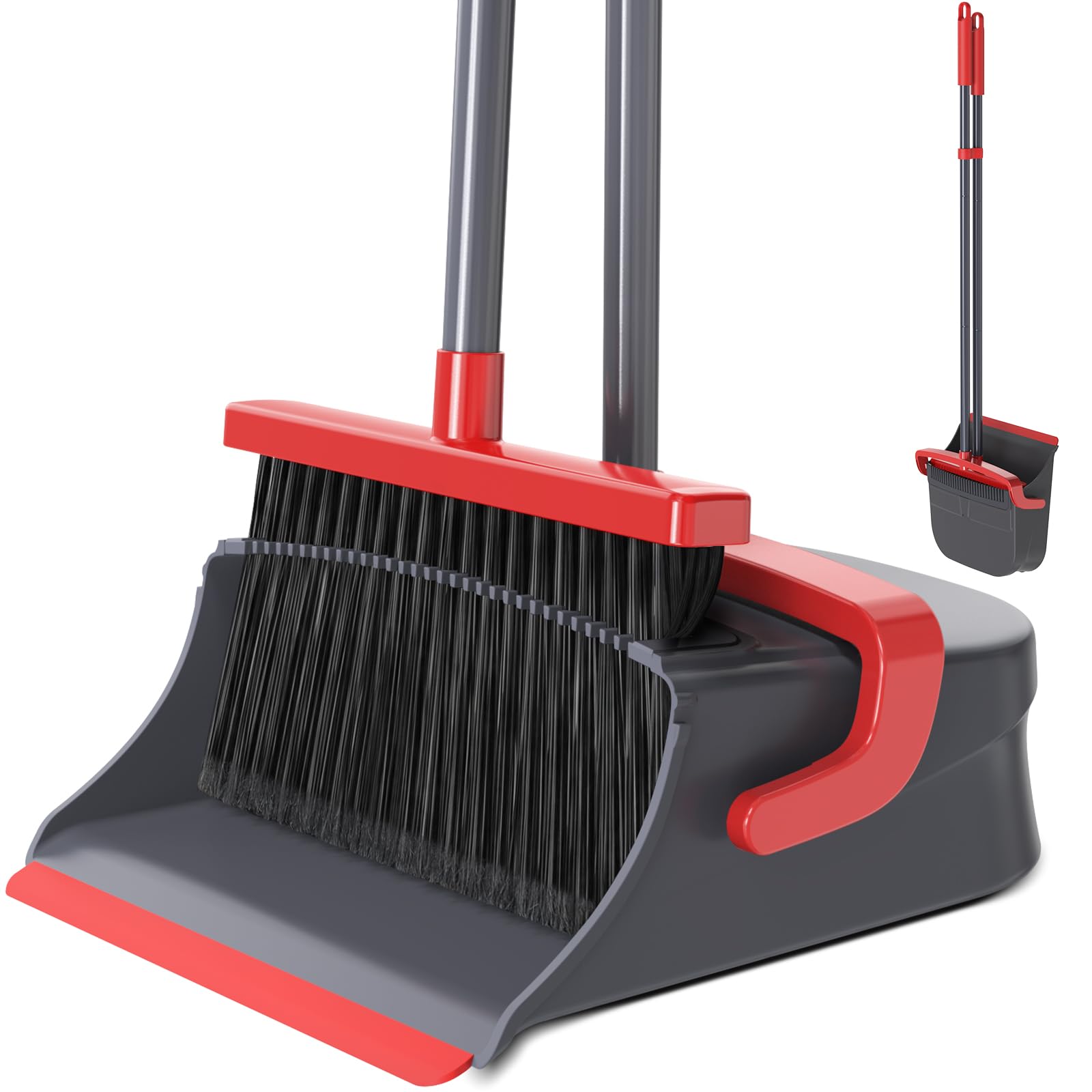 Zeawec Broom with Dustpan Set for Pet Hair & Dust Cleanup, Red & Gray