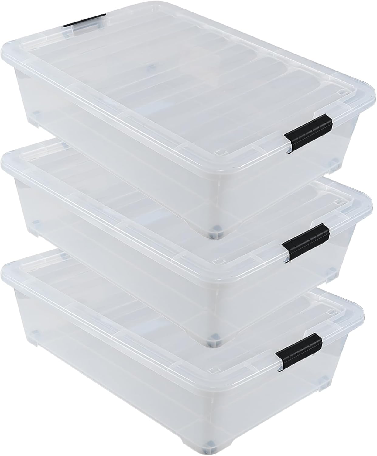 50 Quart Clear Plastic Under Bed Storage Bin with Lid, Underbed Storage Container with Wheels, 3-Pack