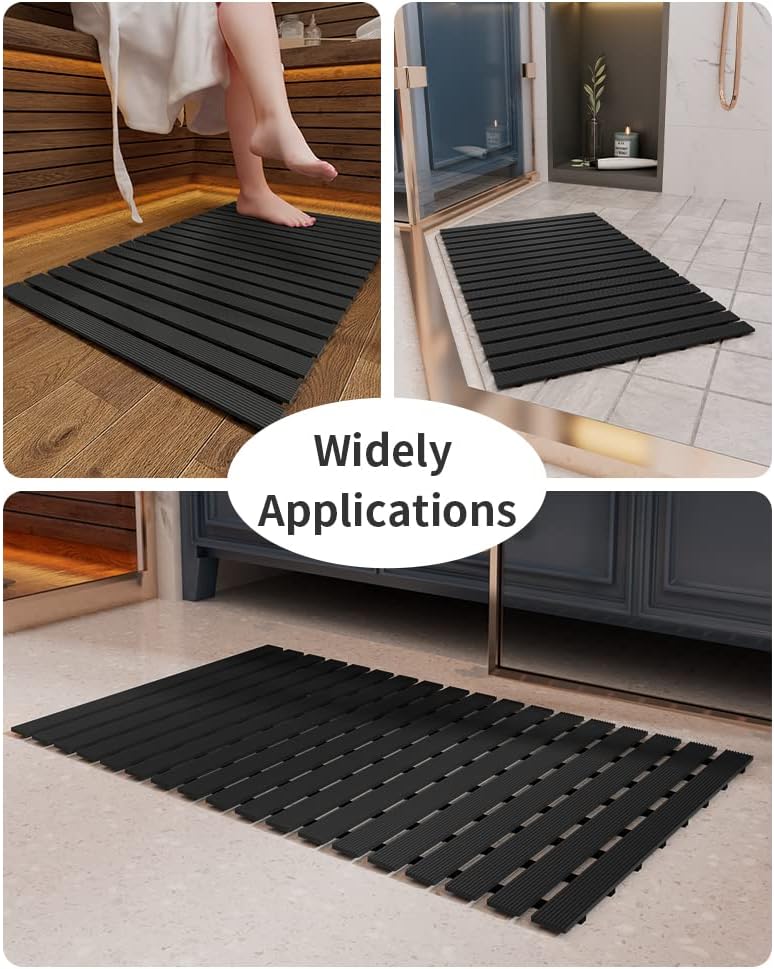 Shower-Mat Non Slip, PADOOR Heavy Duty Bathtub-Mat Curlable Quick Drain Sturdy Bath Tub Mat Without Suction Cups for Indoor Outdoor Use 17x36 Inch Black