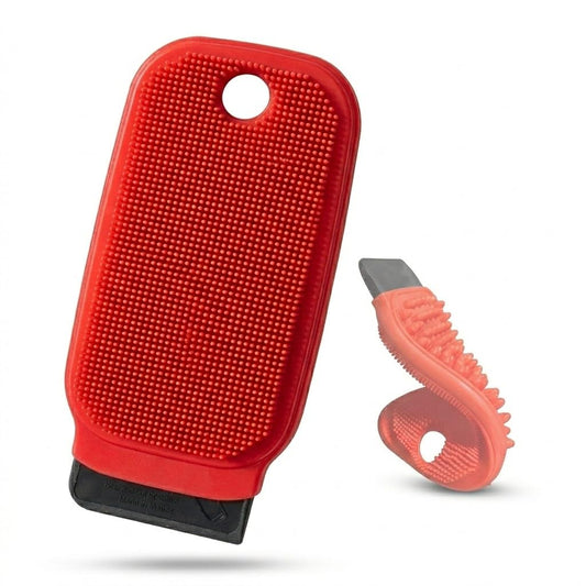 Red 3-in-1 silicone dish scrubber with scraper