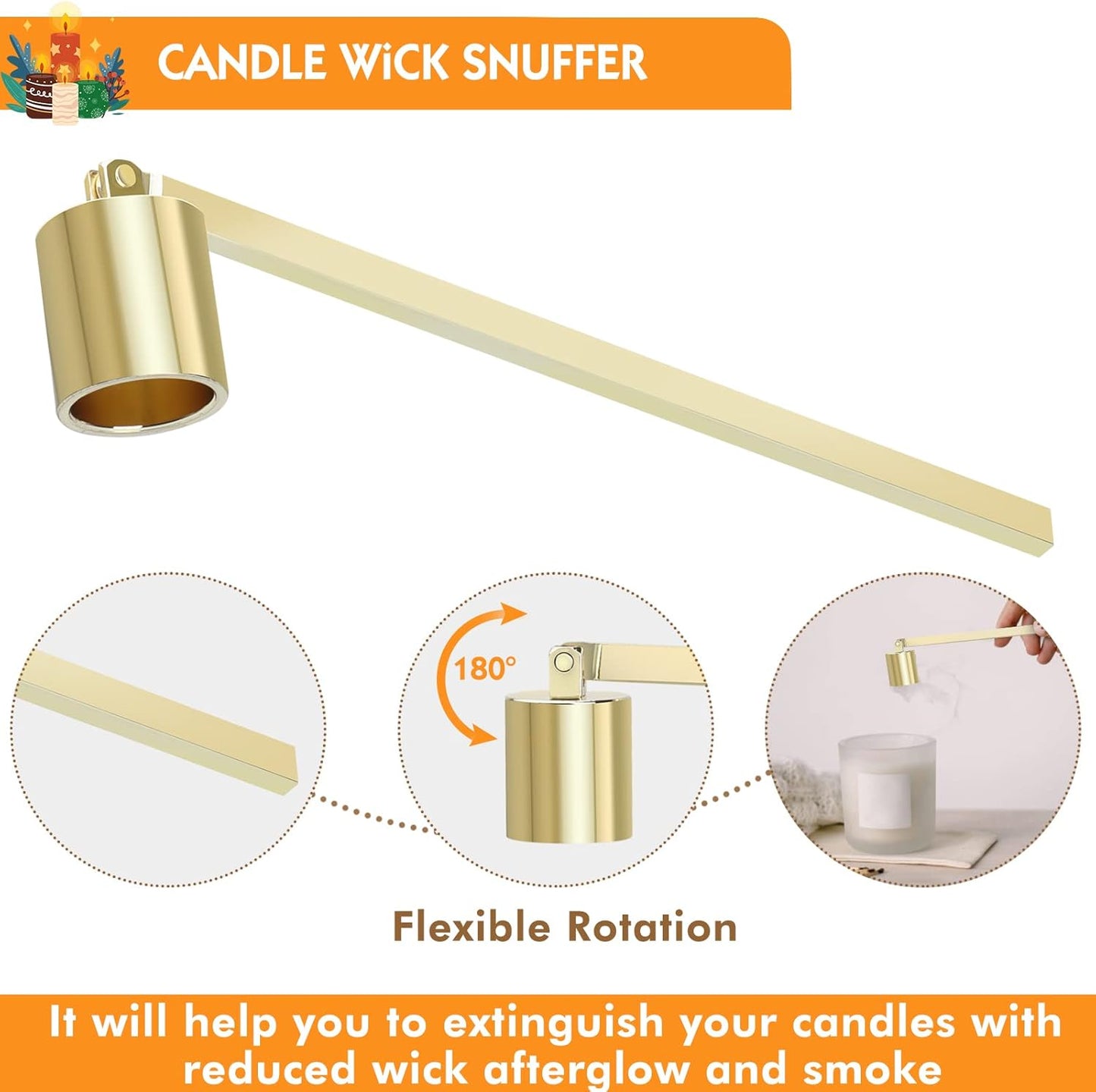 4 in 1 Candle Accessories Kit, Wick Trimmer, Candle Snuffer and Wick Trimmer, Candle Snuffer, Candle Wick Dipper with Velvet Pouch, Direction Card- Gift Package for Candle Lovers (Gold)