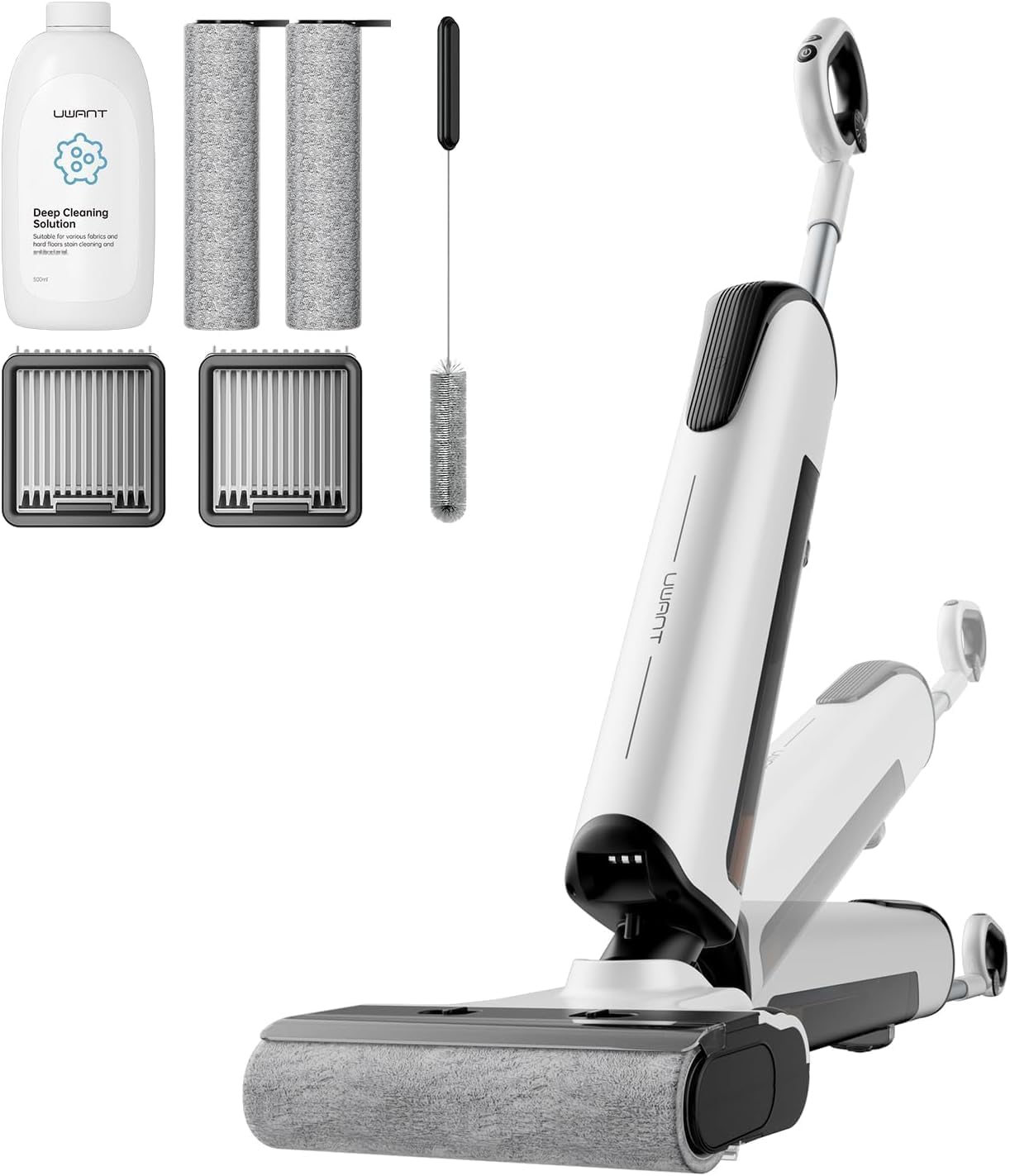 uwant D100 Wet Dry Vacuum Cleaner 180°Lay-Flat Vacuum Mop All in One with 18000Pa Suction Auto Self-Cleaning Anti Odor Stick Pushin Mop Dual-Edge Cleaning Electeic Mop Set for Hard Floor/Carpet,Milky