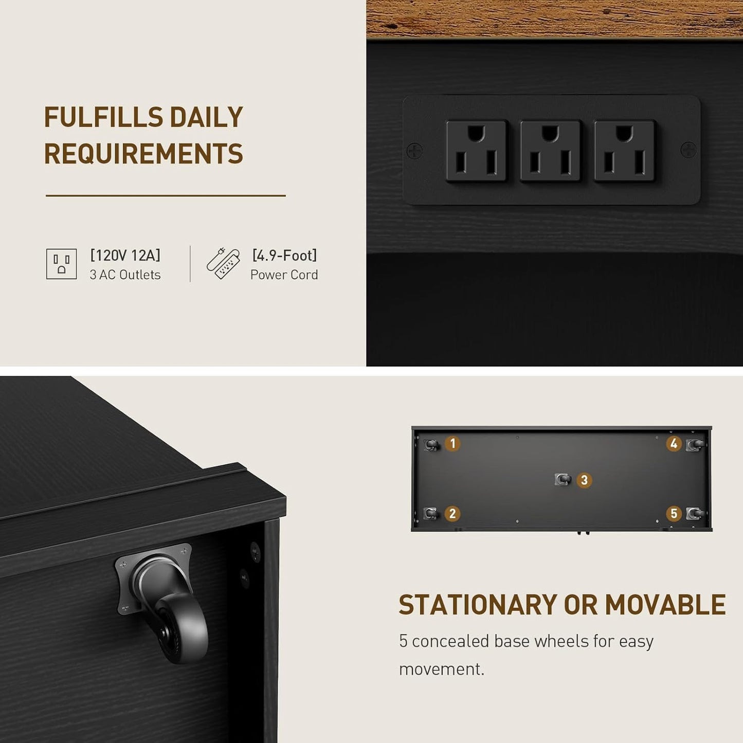 Kitchen Island with Power Outlet & Drop Leaf, Rolling Storage Cart with Trash Storage Cabinet, Farmhouse Mobile Island Table for Kitchen, Dining Room, Hidden Casters, Black and Rustic Brown