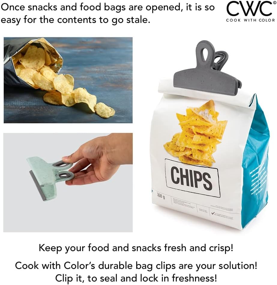 COOK WITH COLOR Bag Clips - Heavy Duty Chip Clip and Refrigerator Magnet Clips for Food Storage with Air Tight Seal Grip, Speckled Gray & Teal, 4 Pack