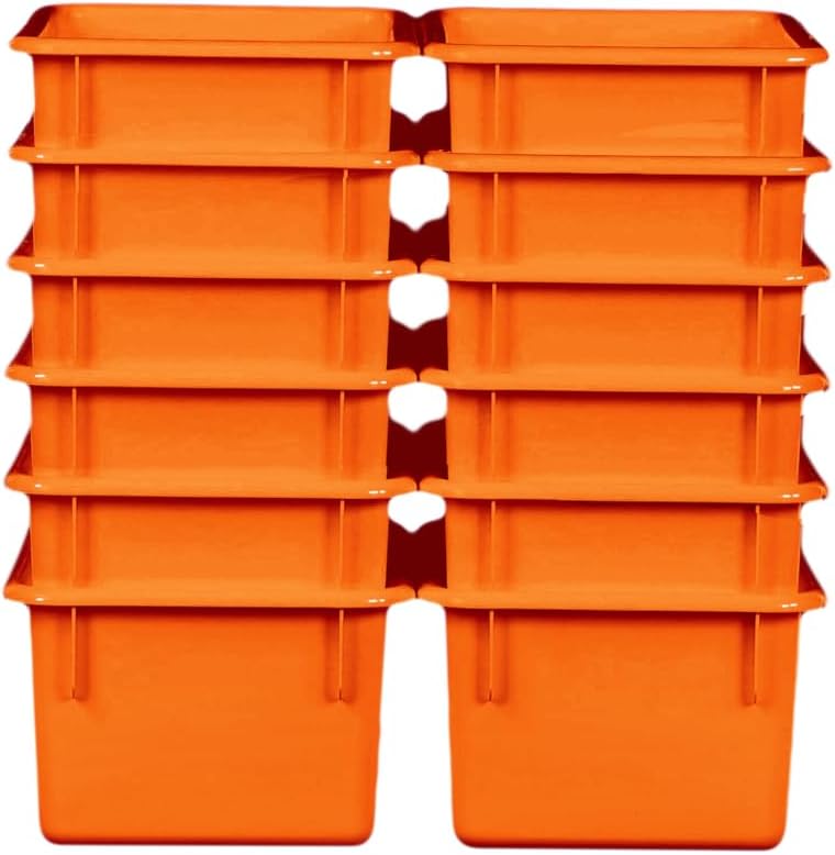 Wood Designs Cubby Storage Bin, Heavy Duty Plastic Containers for Kids Orange Cubby Tray Set of 12
