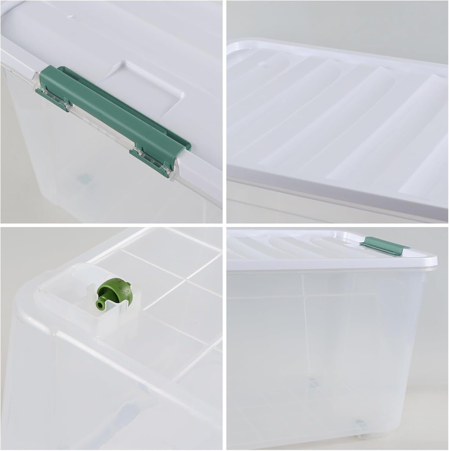 80 L Large Clear View Plastic Storage Bin with Lid and Secure Latching Buckles, 4-Pack Wheeled Clear Storage Boxes