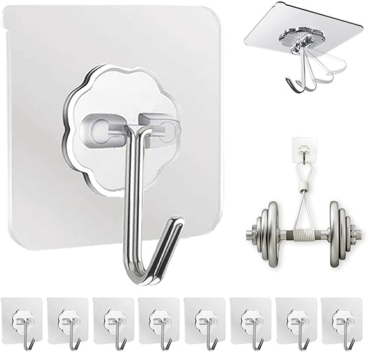 Adhesive Wall Hooks for Hanging Heavy Duty 50 lbs Large Hooks for Walls No Damage, Towel Sticky Clear Hook, Waterproof, Home, Bathroom, Kitchen, Office, and Outdoor 10 Pack