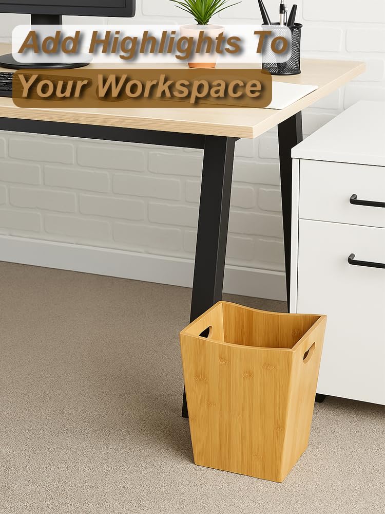 Wood Trash Can - Bedroom Trash Can Decorative with Handles - Bamboo Small Wastebaskets for Bathroom - 2 Gallon Rectangular Waste Basket for Office, Living Room, Kitchen Under Counter