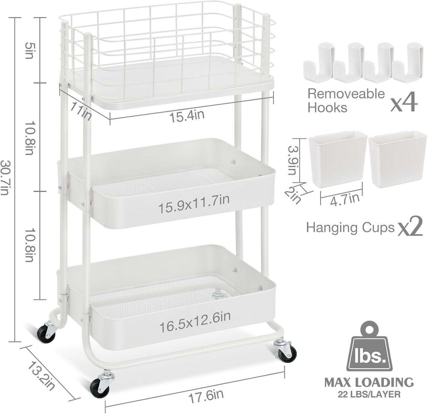 KINGRACK 3 Tier Rolling Cart, Metal Mobile Storage Shelf with Lockable Wheels, Prevent Falling Utility Trolley Cart, Storage Organizer for Kitchen, Office, Bathroom, Dorm, White