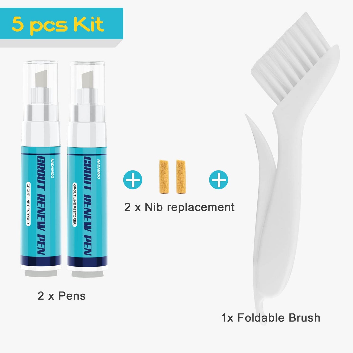 NADAMOO Grout Renew Pen Gray - 2 Large Size 20ml Tile Grout Paint Pen - Restore Grout Line - 2 Replacement Nibs and 1 Cleaning Brush