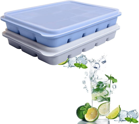 Ice Cube Trays Set of 2, Easy Release 15 Flexible Silicone Ice Cube Molds with Removable Lid