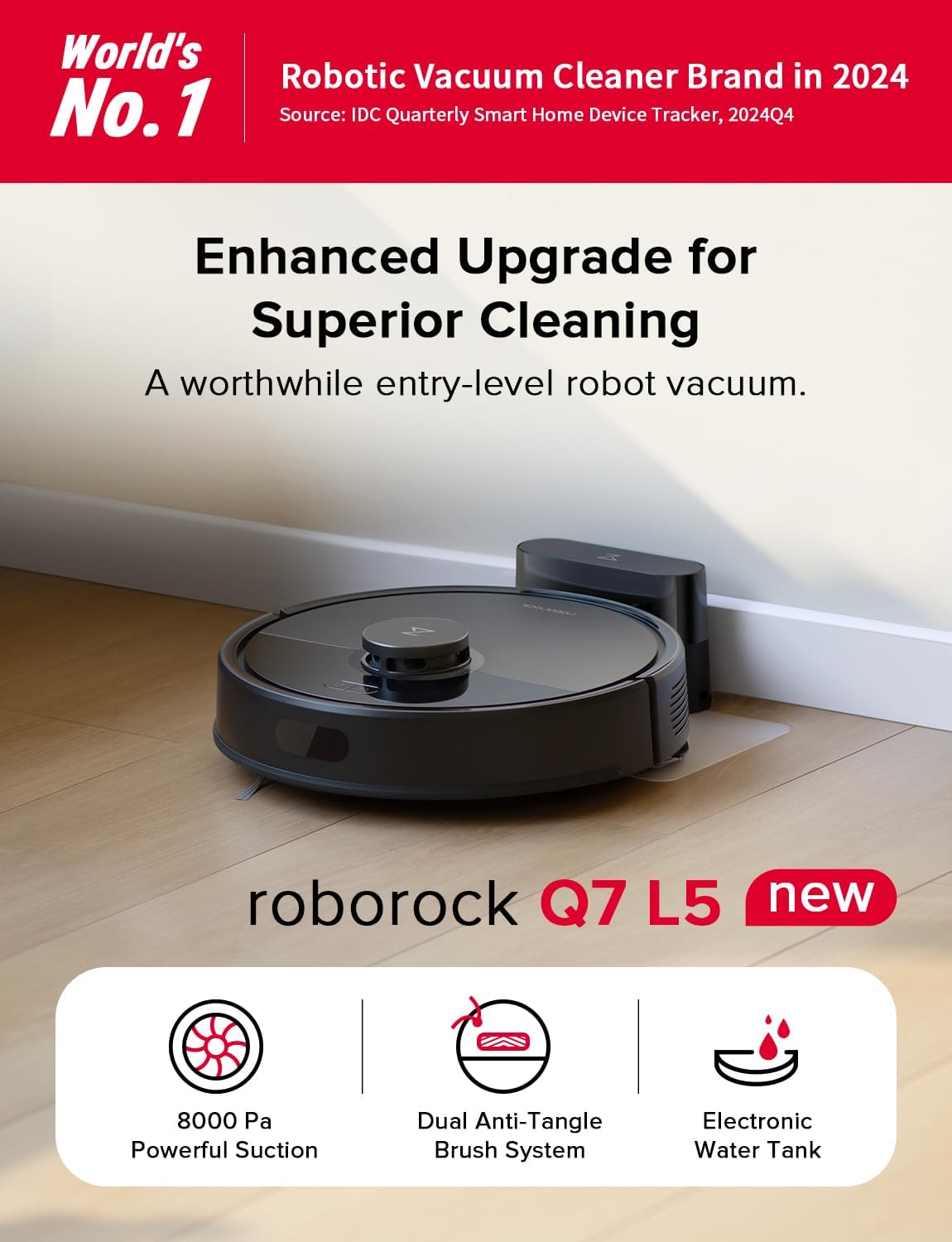roborock Q7 L5 Robot Vacuum and Mop Combo, 8,000Pa Suction, Upgraded from Q5 Pro, Dual Anti-Tangle System, LiDAR Navigation, Multi-Level Mapping, Self-Charging Robotic Vacuum Cleaner, Black