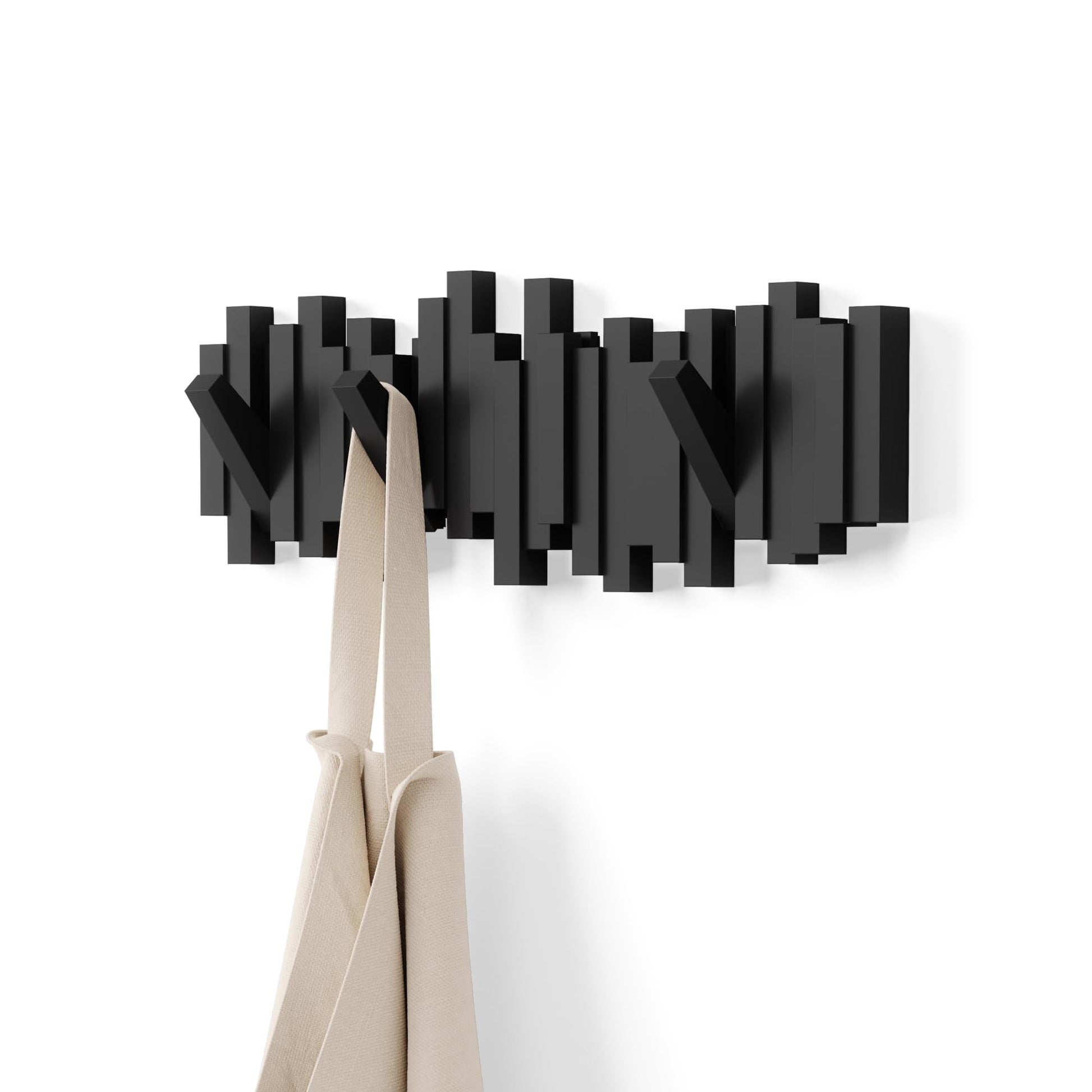 Umbra Sticks Wall Mount Coat Rack, 5 Hook Retractable Pegs, Black