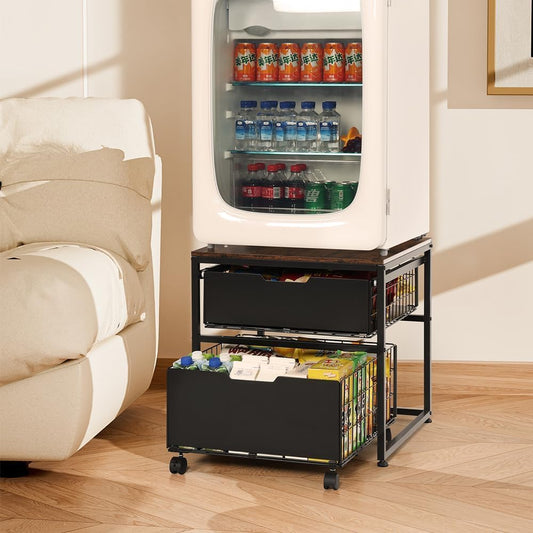 Mini Fridge Stand with Storage Drawer, 21.7”x21.7” Heavy Duty Mini Fridge Table with Wheels, Rolling Beverage Cart with Basket for Home, Office, Bedroom, Brown