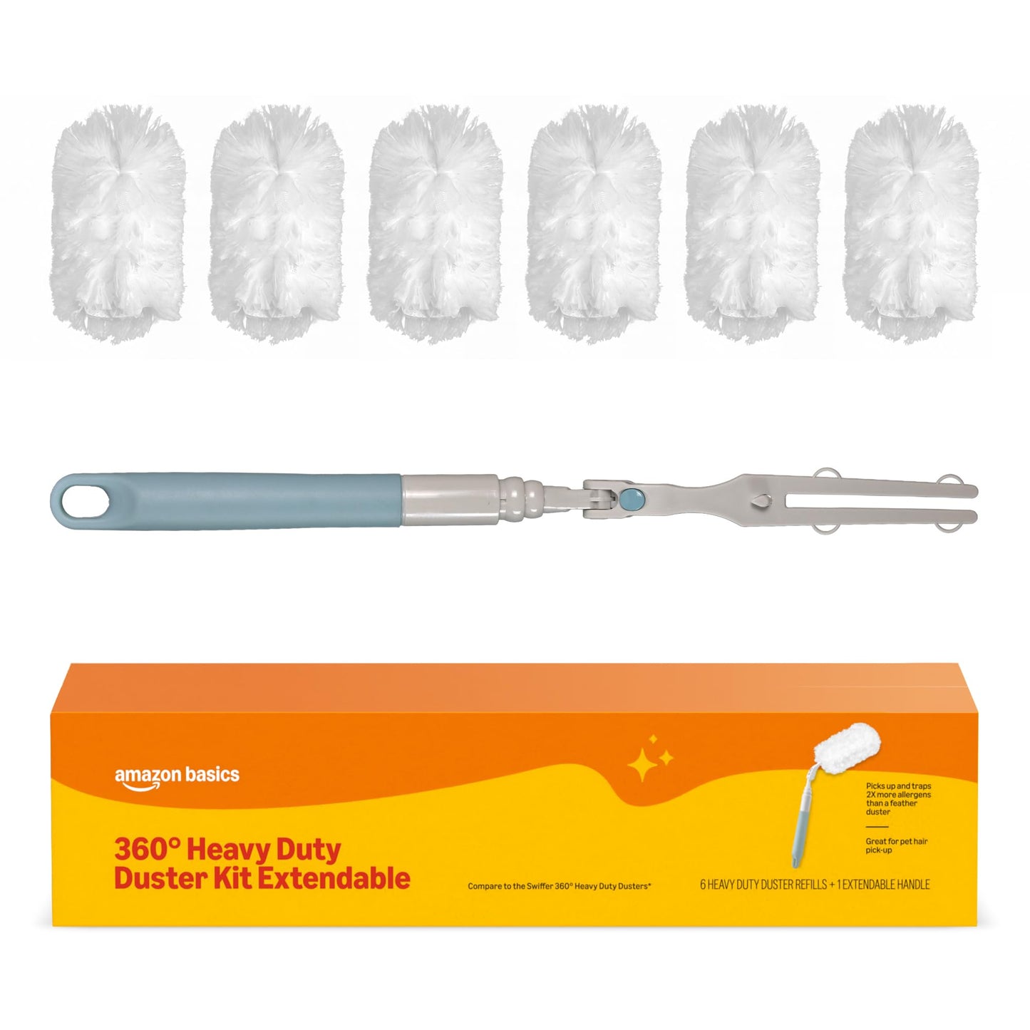 Amazon Basics 360° Heavy Duty Duster Kit with Extendable Handle and 6 Microfiber Plumes Refills for